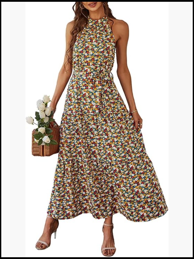 Polyester Maxi Dress Halter Neck Sleeveless Formal With Belt